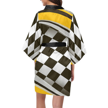 Checkered Flag Racing Style Women Short Kimono Robe