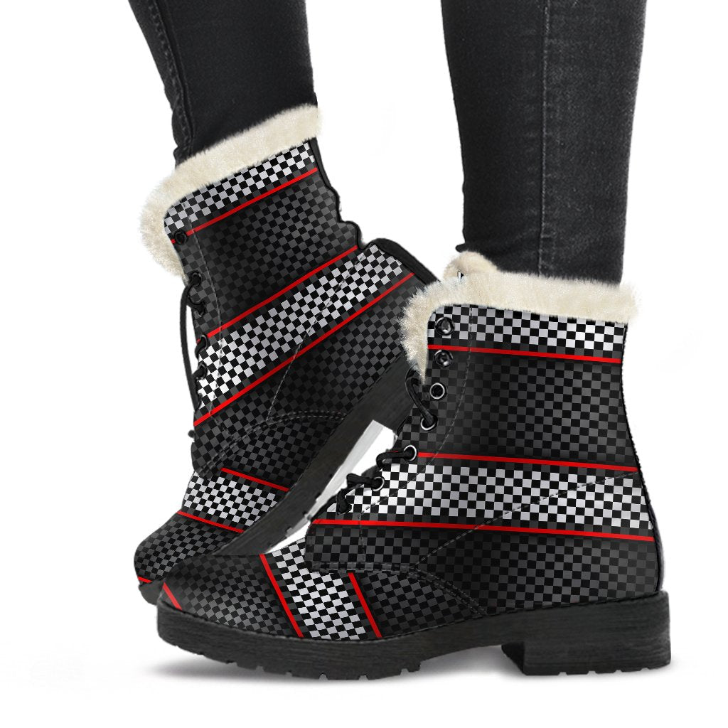 Checkered Flag Red Line Style Faux Fur Leather Boots-JTAMIGO.COM