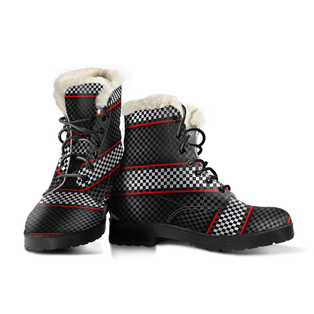 Checkered Flag Red Line Style Faux Fur Leather Boots-JTAMIGO.COM