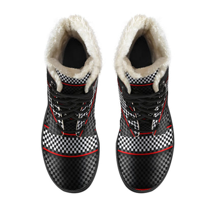 Checkered Flag Red Line Style Faux Fur Leather Boots-JTAMIGO.COM