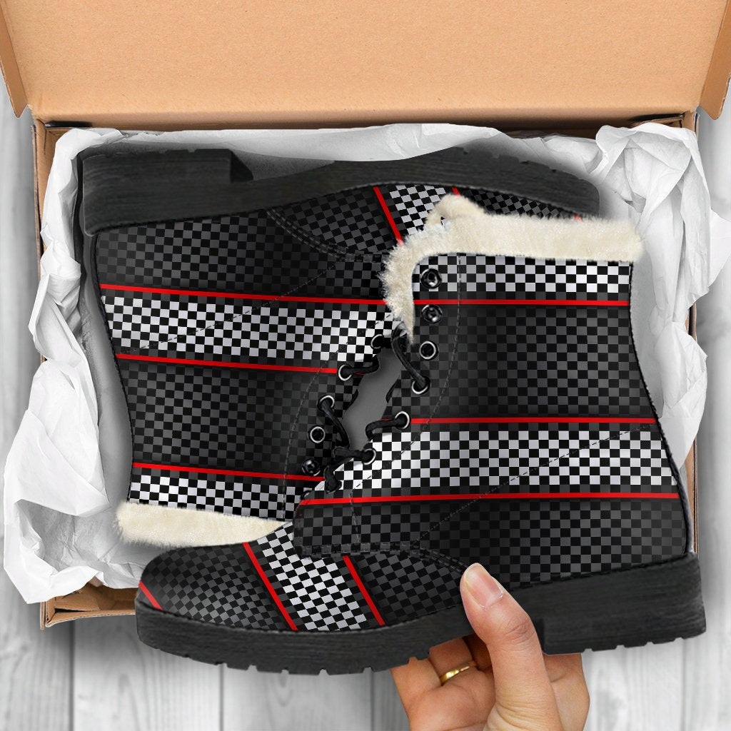Checkered Flag Red Line Style Faux Fur Leather Boots-JTAMIGO.COM