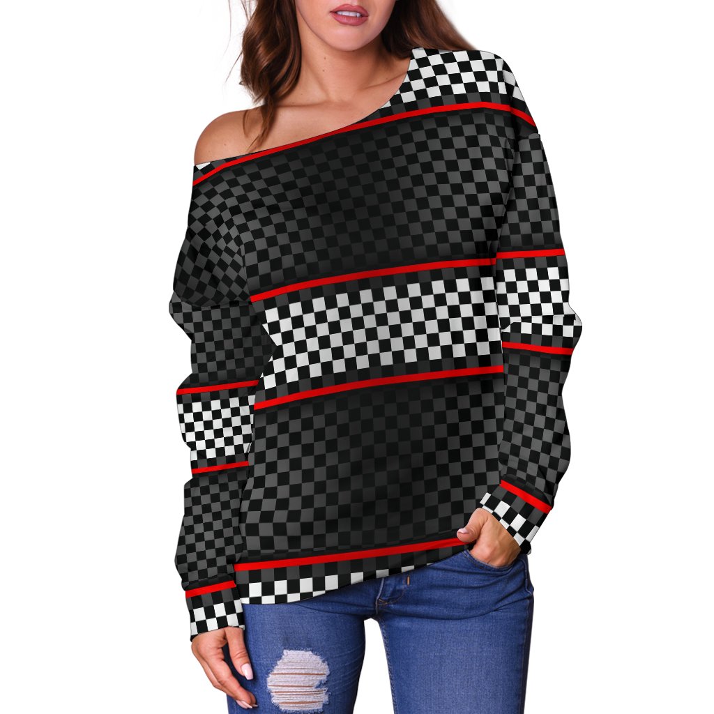 Checkered Flag Red Line Style Off Shoulder Sweatshirt