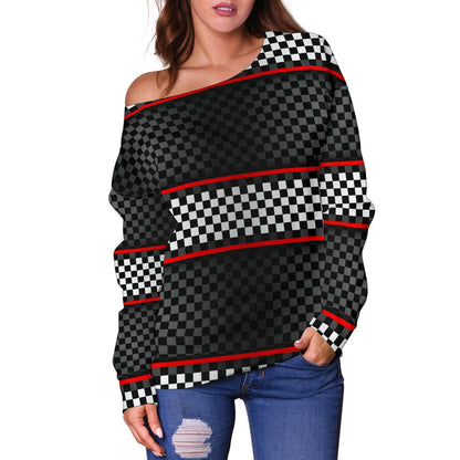 Checkered Flag Red Line Style Off Shoulder Sweatshirt