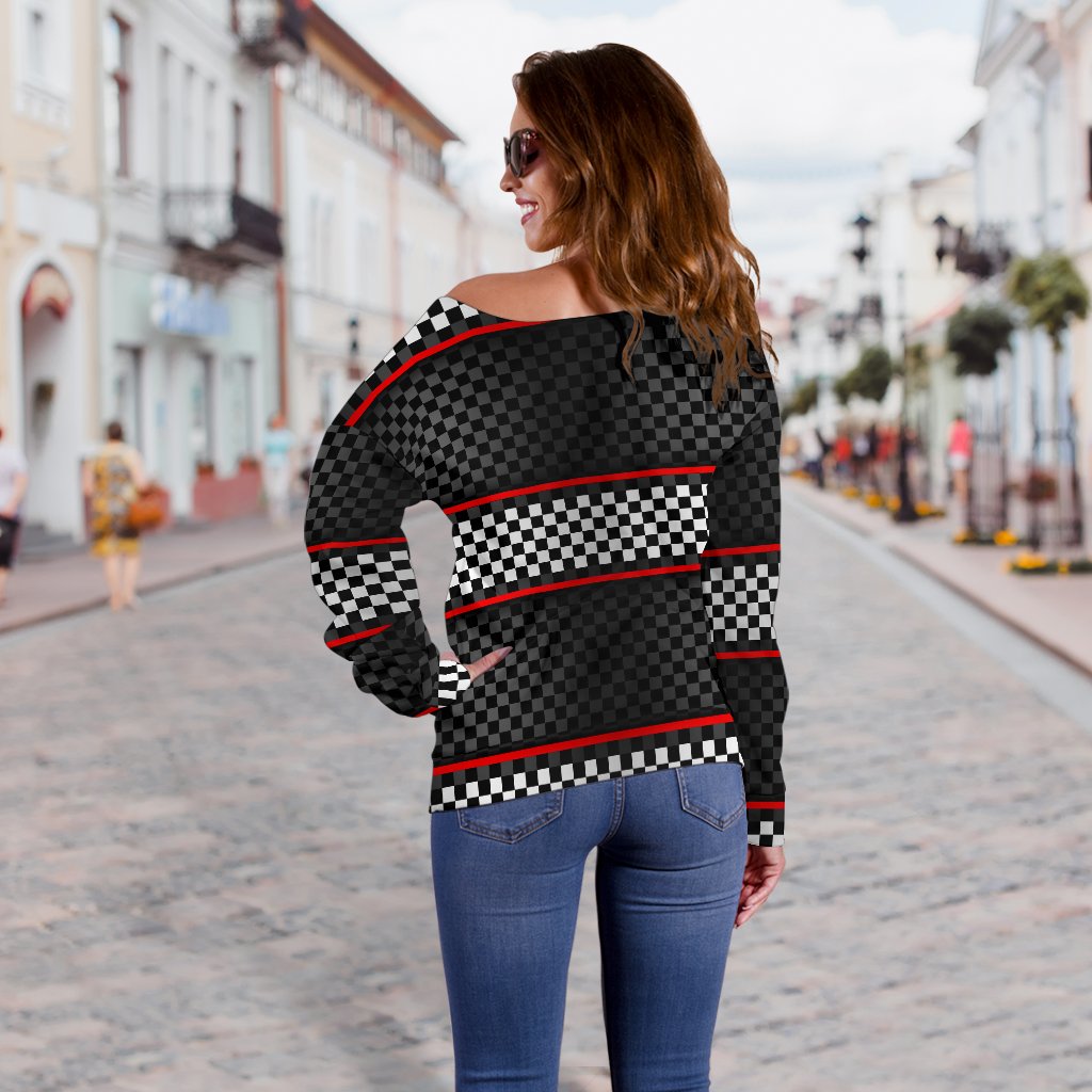 Checkered Flag Red Line Style Off Shoulder Sweatshirt