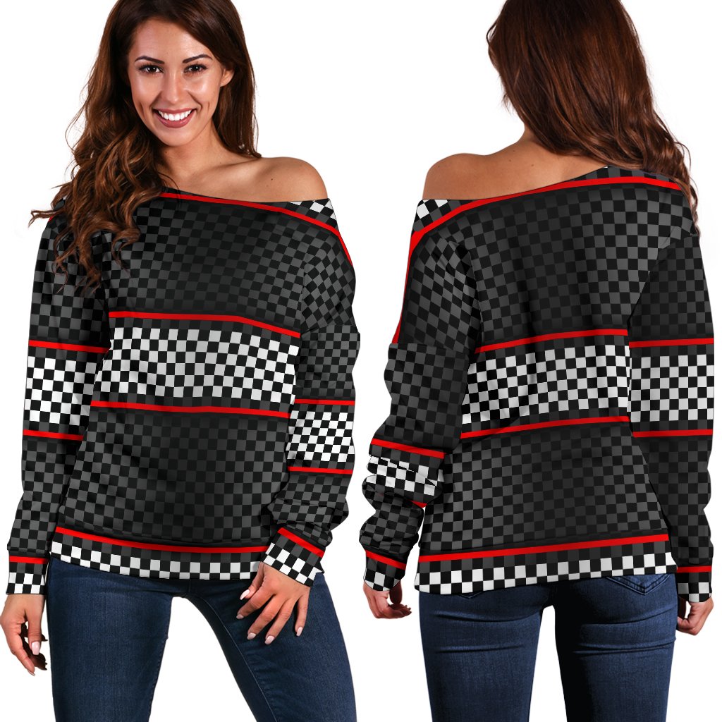 Checkered Flag Red Line Style Off Shoulder Sweatshirt