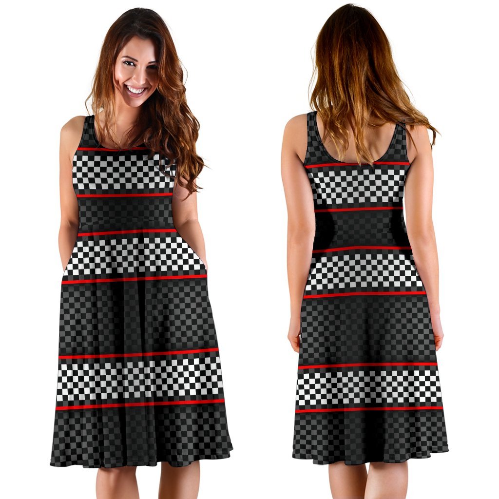 Checkered Flag Red Line Style Sleeveless Dress