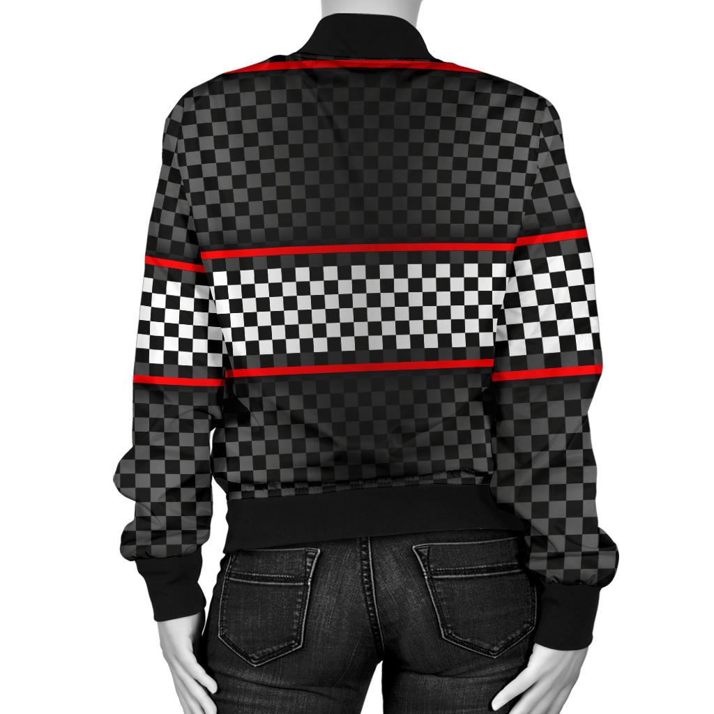 Checkered Flag Red Line Style Women Casual Bomber Jacket