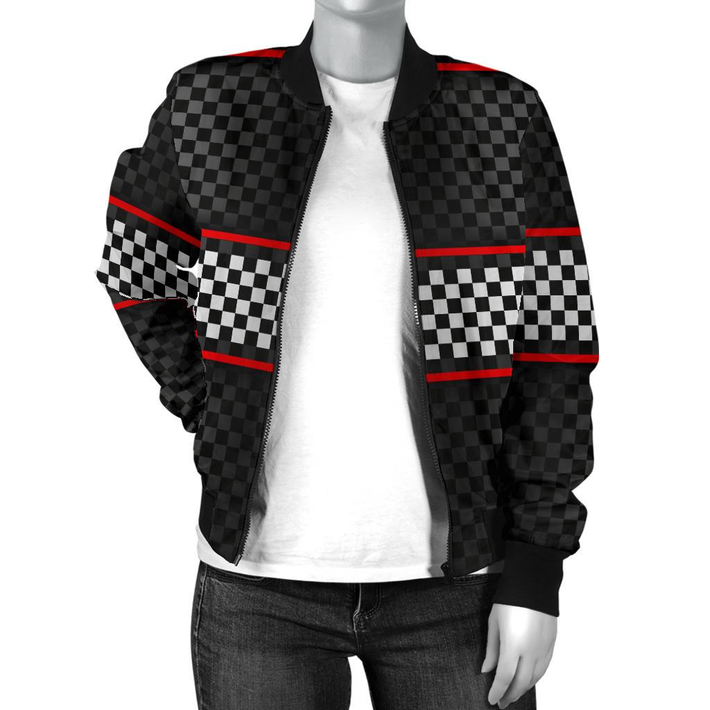 Checkered Flag Red Line Style Women Casual Bomber Jacket