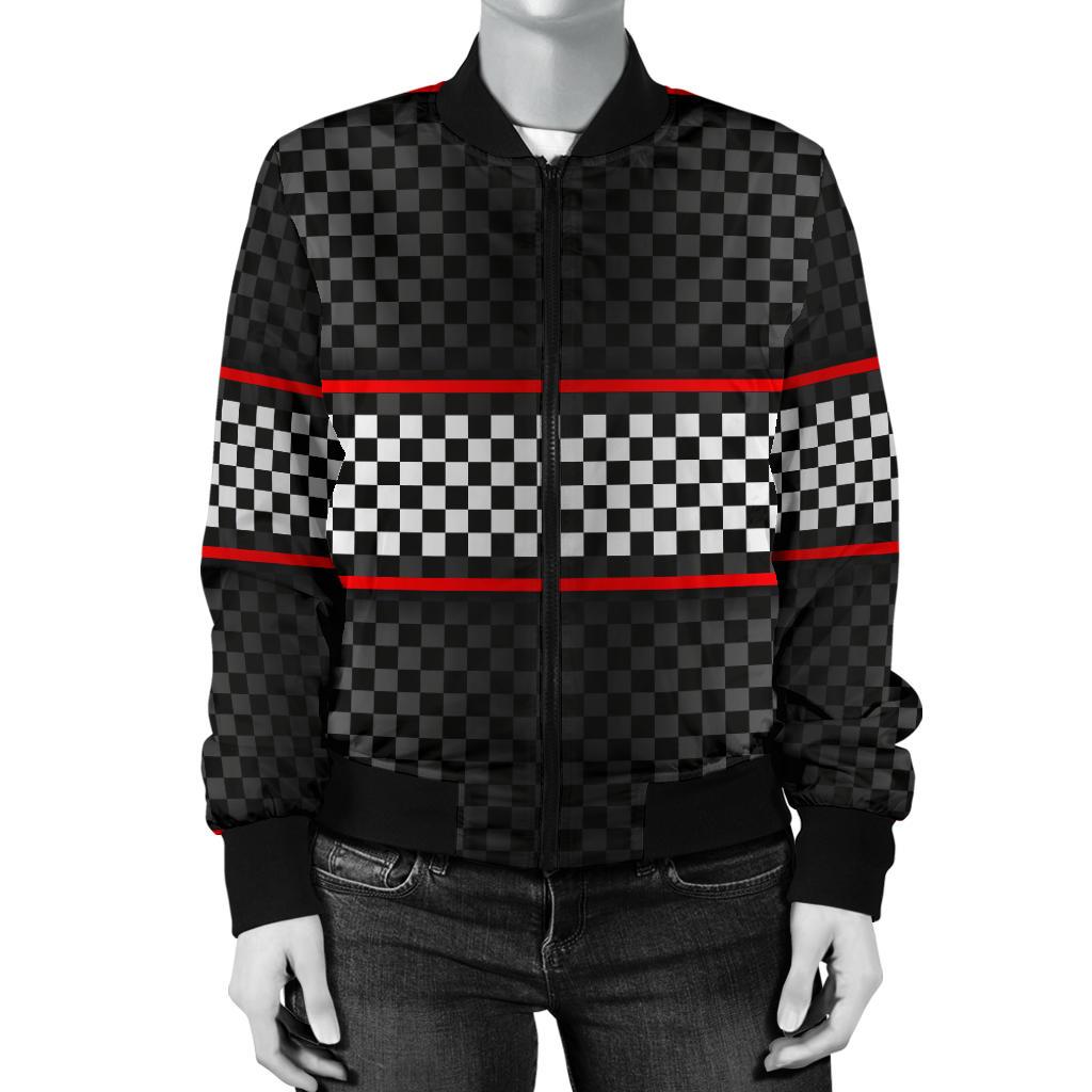 Checkered Flag Red Line Style Women Casual Bomber Jacket