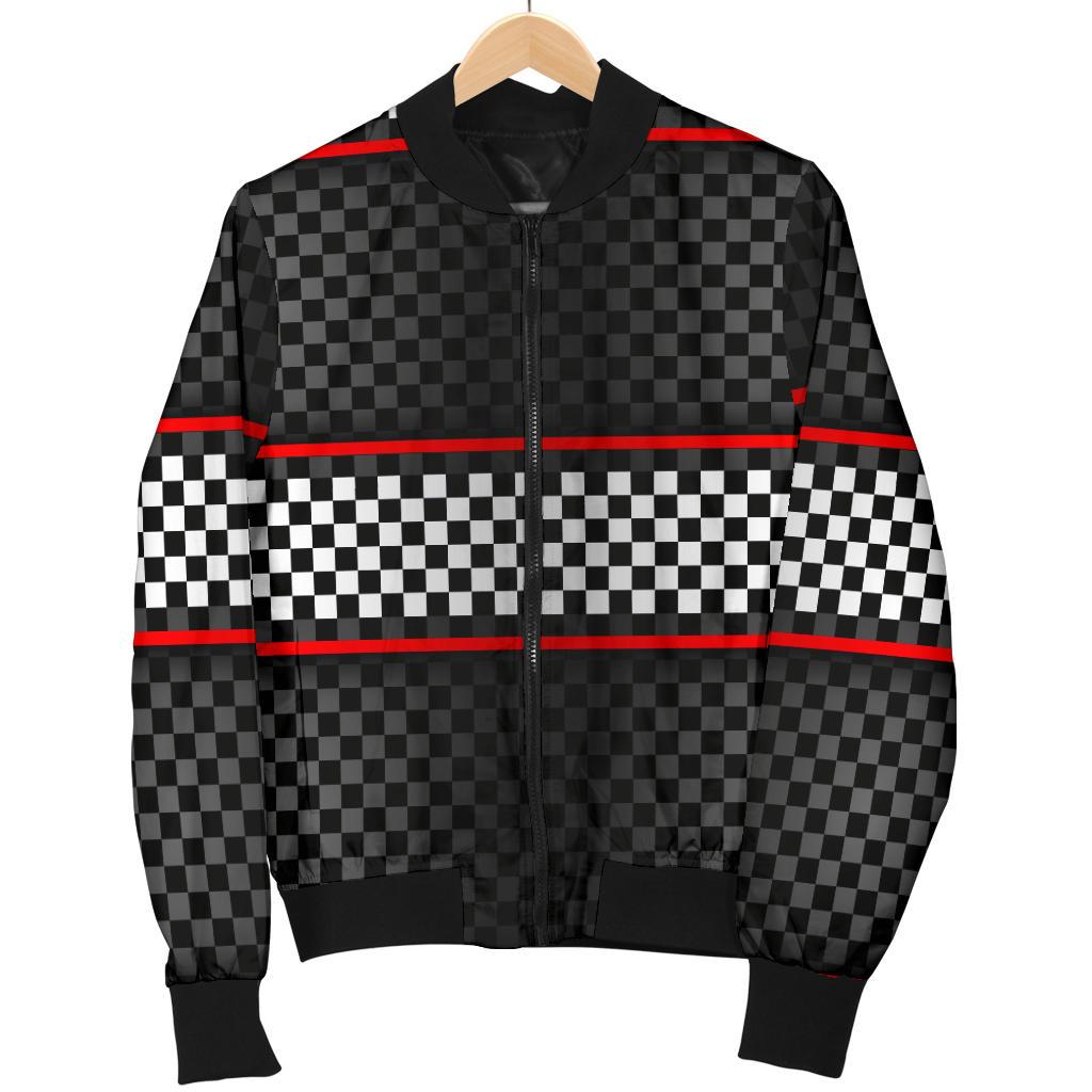 Checkered Flag Red Line Style Women Casual Bomber Jacket