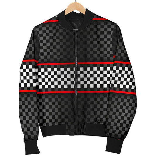Checkered Flag Red Line Style Women Casual Bomber Jacket
