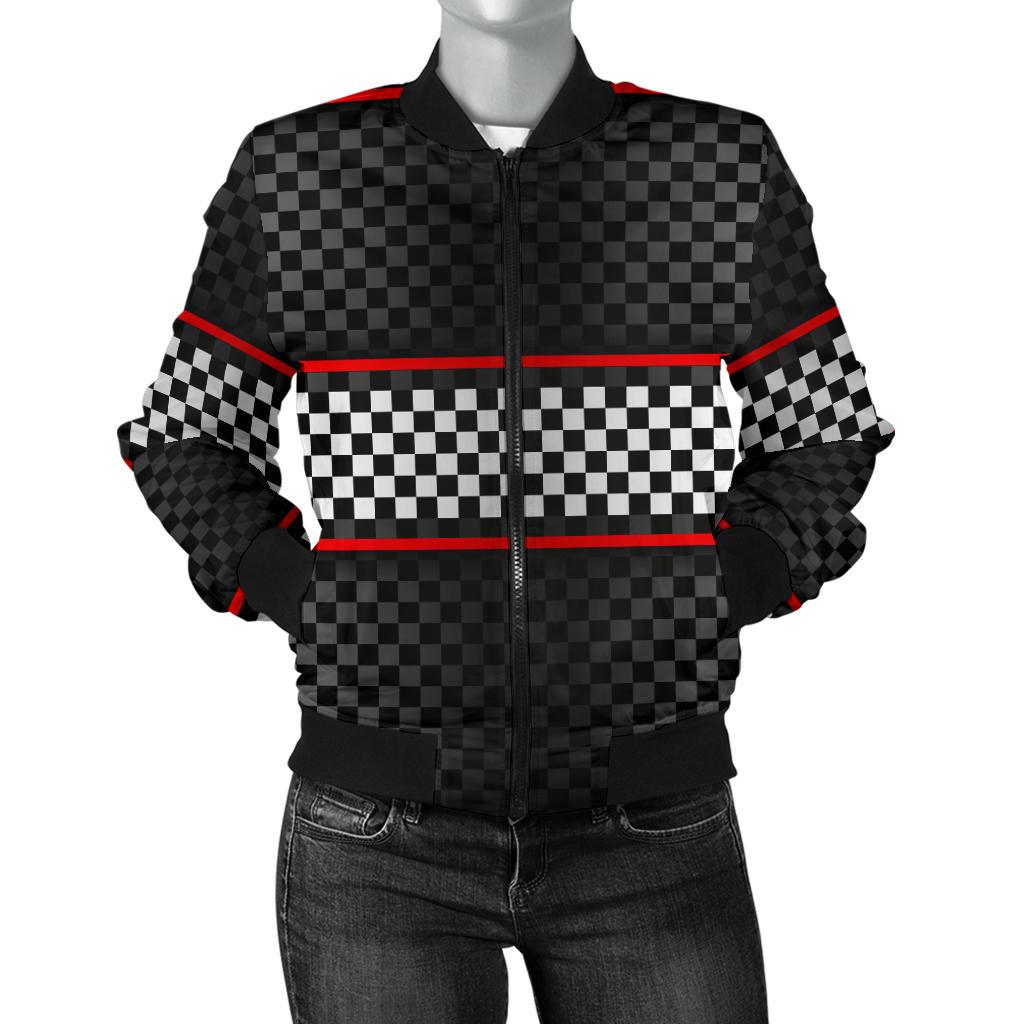 Checkered Flag Red Line Style Women Casual Bomber Jacket