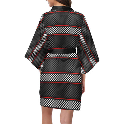 Checkered Flag Red Line Style Women Short Kimono Robe