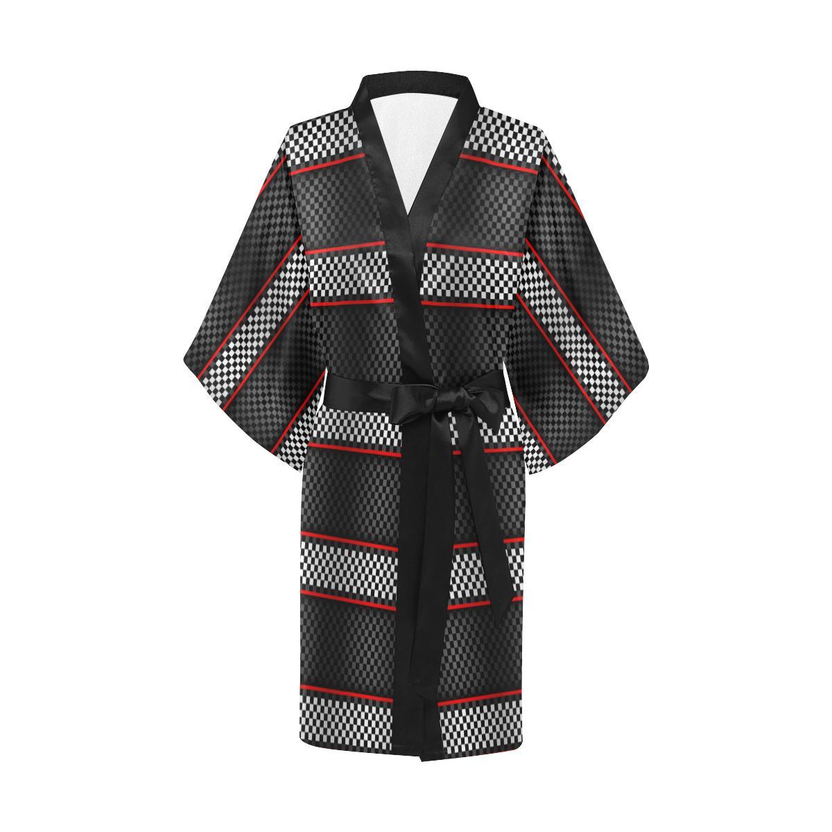 Checkered Flag Red Line Style Women Short Kimono Robe