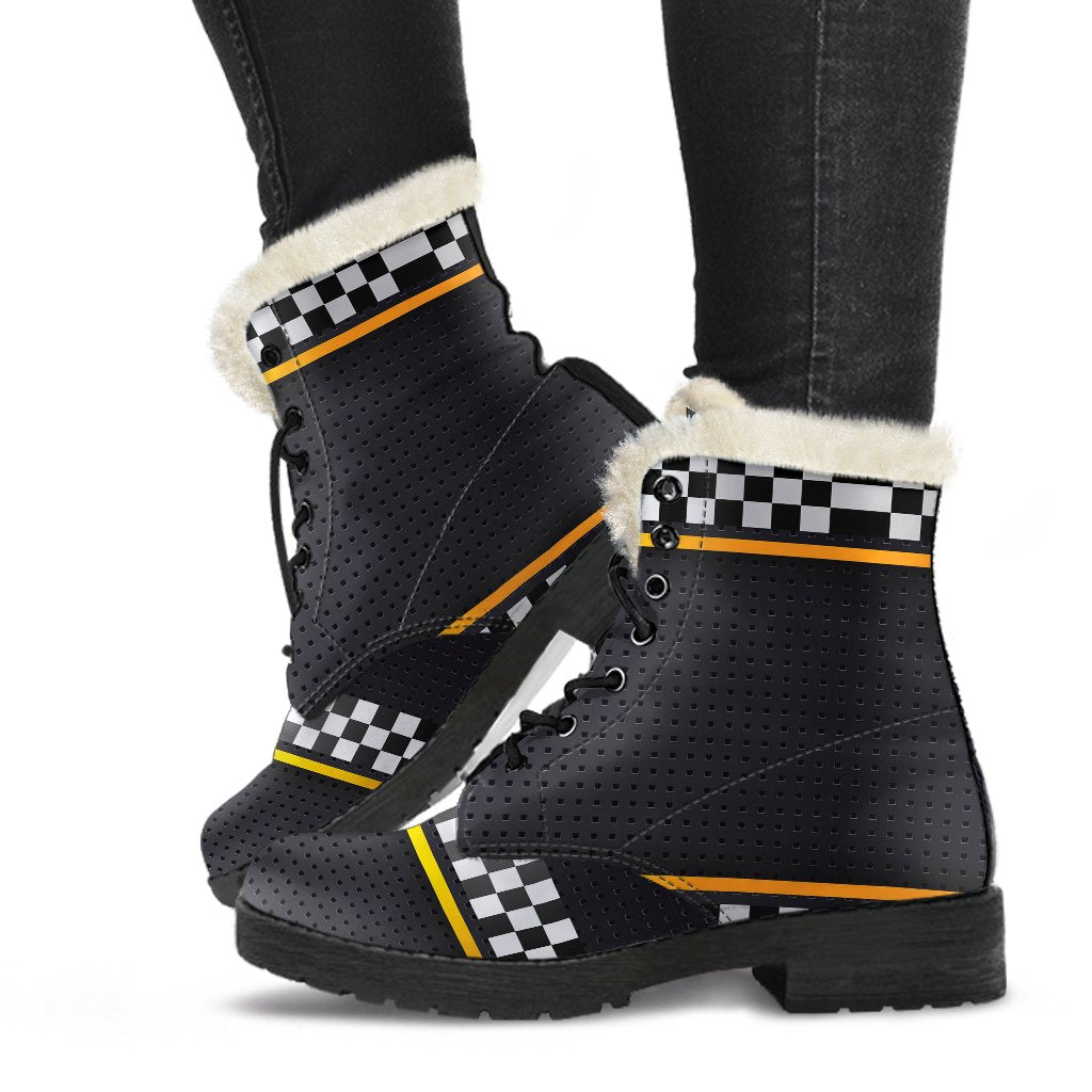 Checkered Flag Yellow Line Style Faux Fur Leather Boots-JTAMIGO.COM