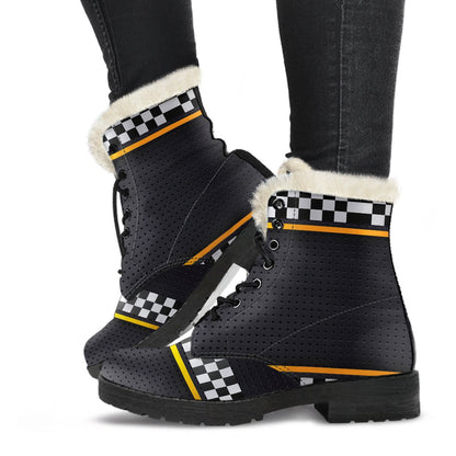 Checkered Flag Yellow Line Style Faux Fur Leather Boots-JTAMIGO.COM