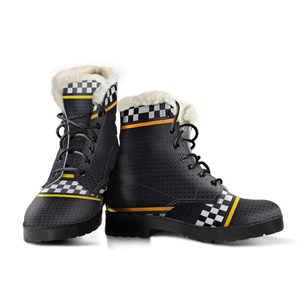 Checkered Flag Yellow Line Style Faux Fur Leather Boots-JTAMIGO.COM
