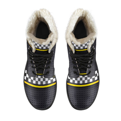 Checkered Flag Yellow Line Style Faux Fur Leather Boots-JTAMIGO.COM