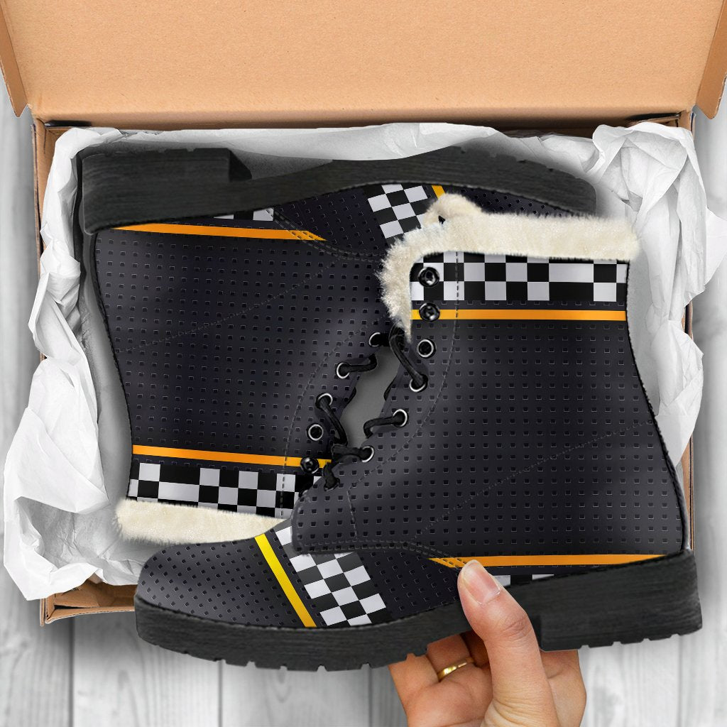 Checkered Flag Yellow Line Style Faux Fur Leather Boots-JTAMIGO.COM