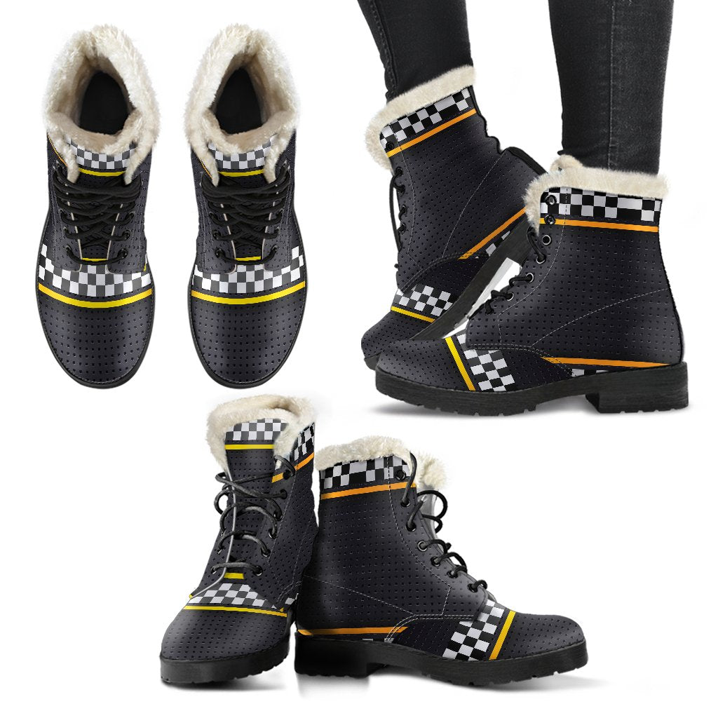 Checkered Flag Yellow Line Style Faux Fur Leather Boots-JTAMIGO.COM