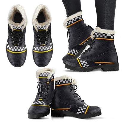 Checkered Flag Yellow Line Style Faux Fur Leather Boots-JTAMIGO.COM