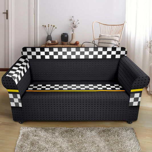 Checkered Flag Yellow Line Style Loveseat Slipcover-JTAMIGO.COM