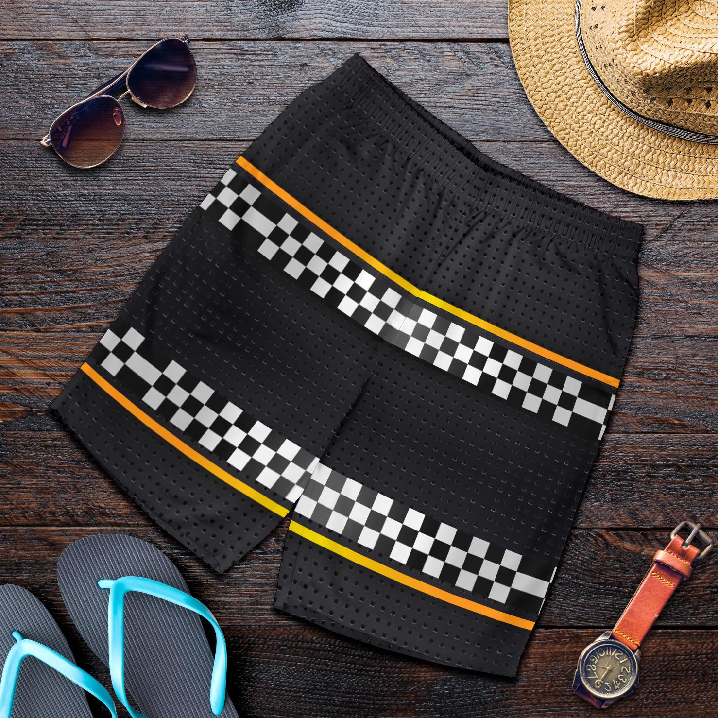 Checkered Flag Yellow Line Style Mens Shorts-JTAMIGO.COM