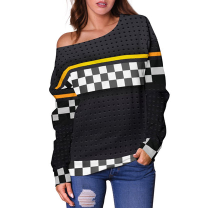 Checkered Flag Yellow Line Style Off Shoulder Sweatshirt
