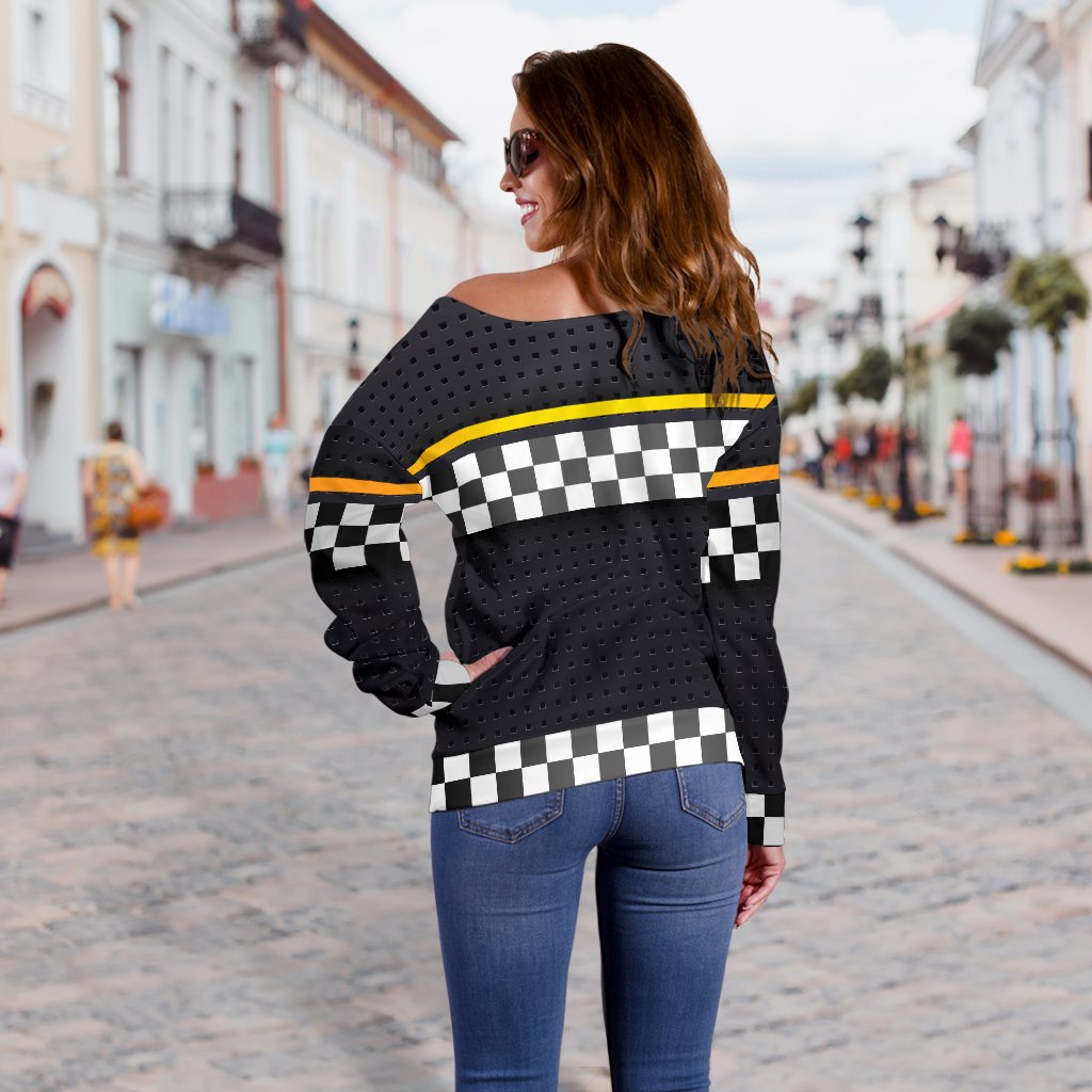 Checkered Flag Yellow Line Style Off Shoulder Sweatshirt