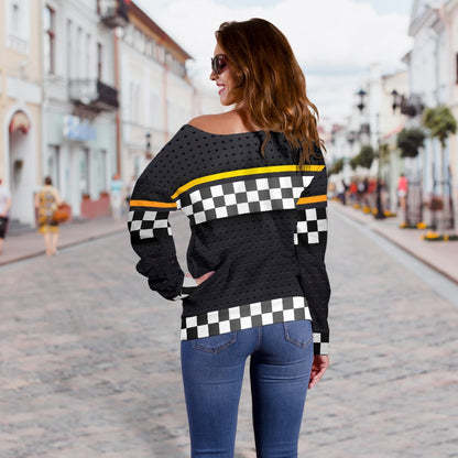 Checkered Flag Yellow Line Style Off Shoulder Sweatshirt