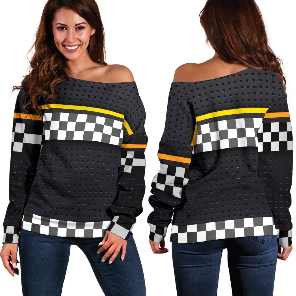 Checkered Flag Yellow Line Style Off Shoulder Sweatshirt