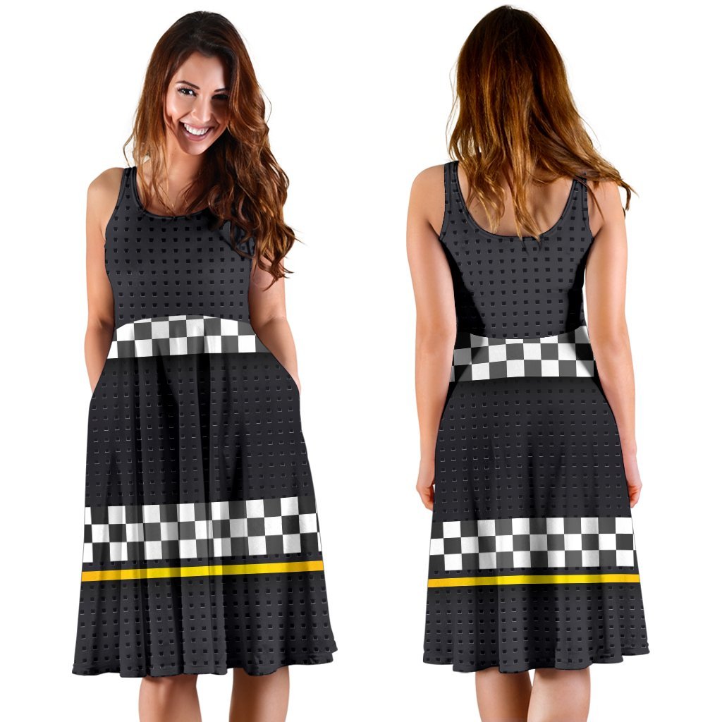 Checkered Flag Yellow Line Style Sleeveless Dress