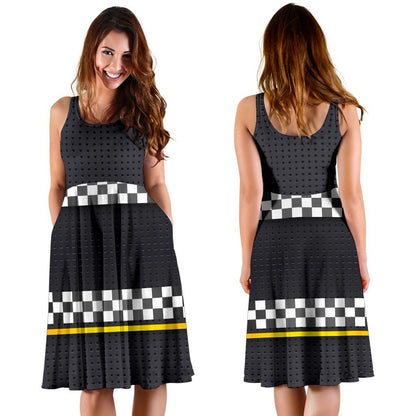 Checkered Flag Yellow Line Style Sleeveless Dress