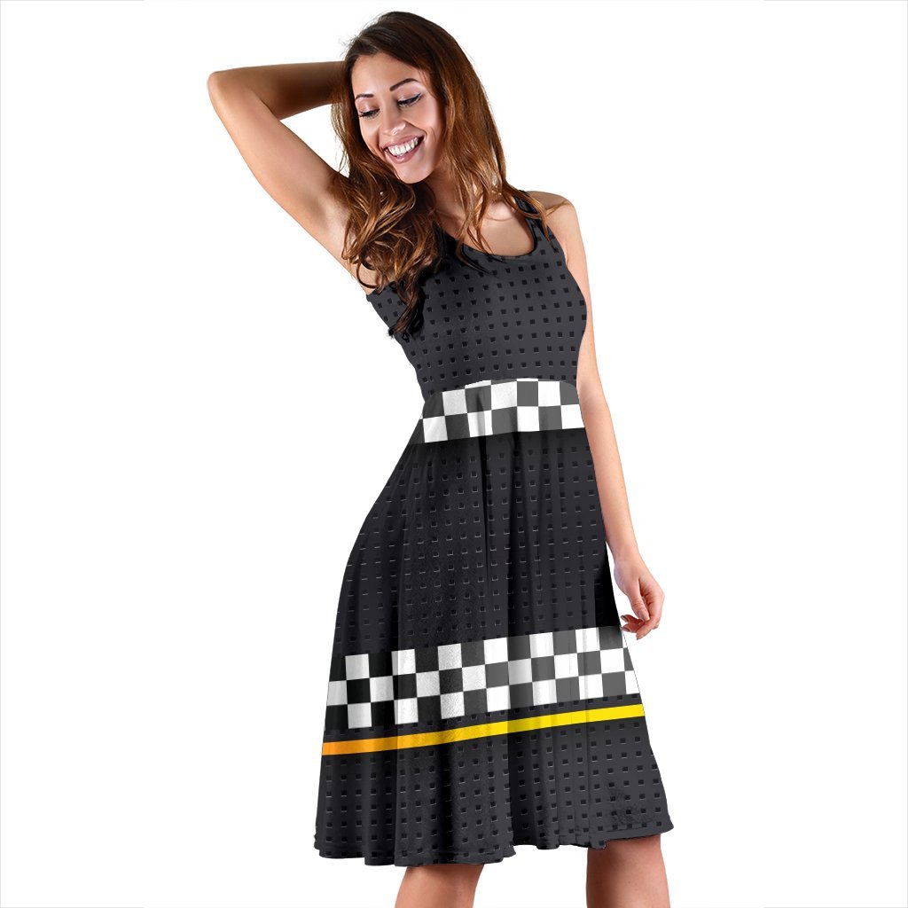 Checkered Flag Yellow Line Style Sleeveless Dress