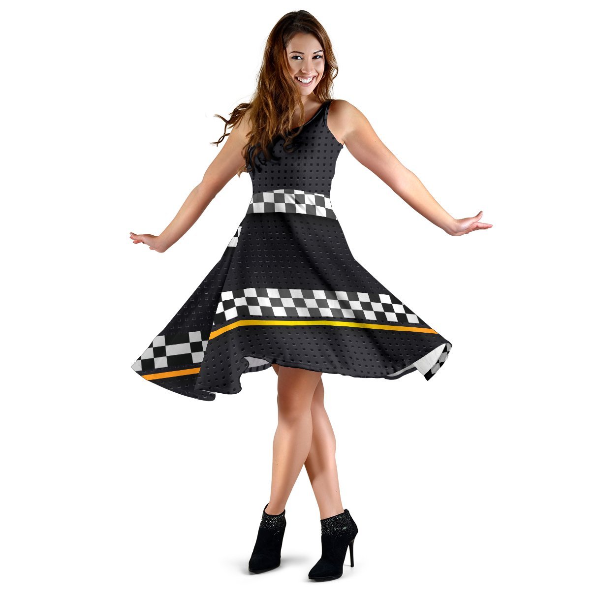 Checkered Flag Yellow Line Style Sleeveless Dress