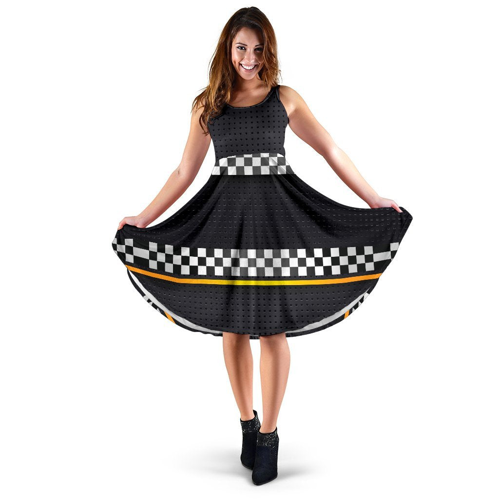 Checkered Flag Yellow Line Style Sleeveless Dress