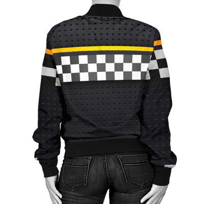 Checkered Flag Yellow Line Style Women Casual Bomber Jacket