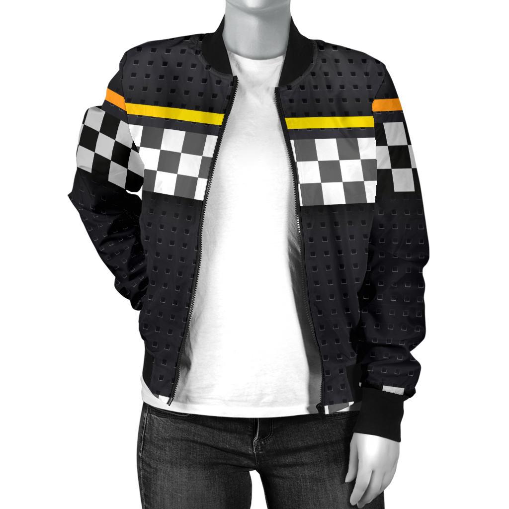 Checkered Flag Yellow Line Style Women Casual Bomber Jacket
