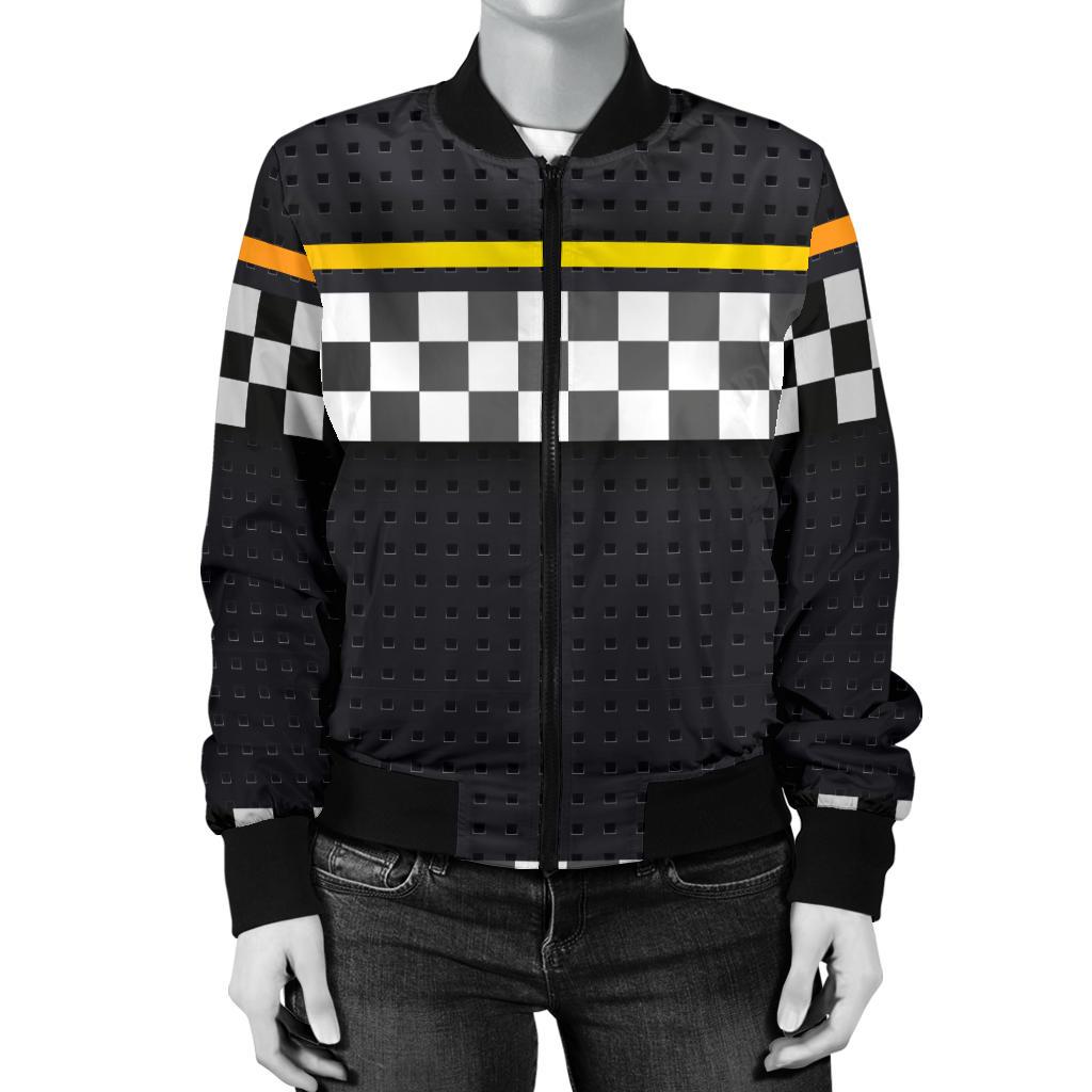 Checkered Flag Yellow Line Style Women Casual Bomber Jacket