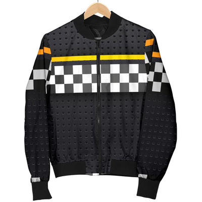 Checkered Flag Yellow Line Style Women Casual Bomber Jacket