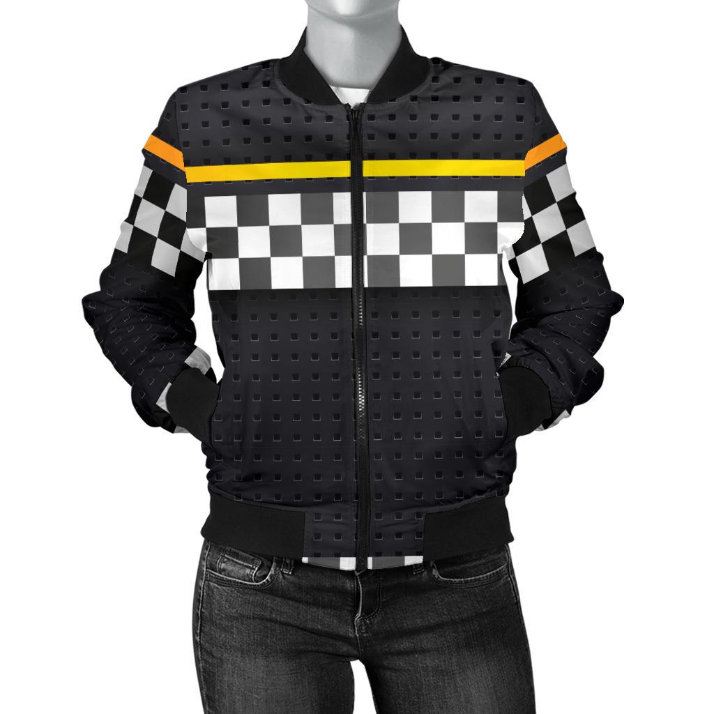 Checkered Flag Yellow Line Style Women Casual Bomber Jacket