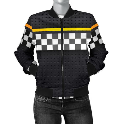 Checkered Flag Yellow Line Style Women Casual Bomber Jacket