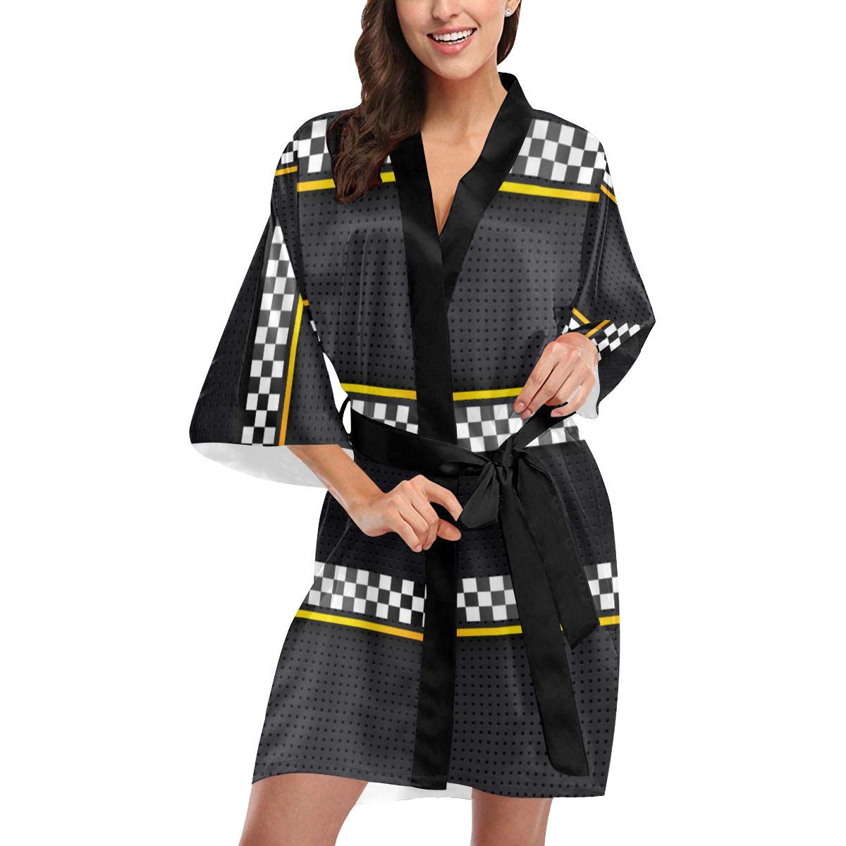 Checkered Flag Yellow Line Style Women Short Kimono Robe