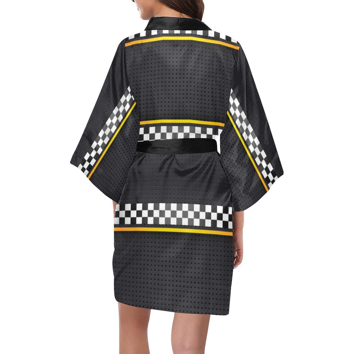 Checkered Flag Yellow Line Style Women Short Kimono Robe