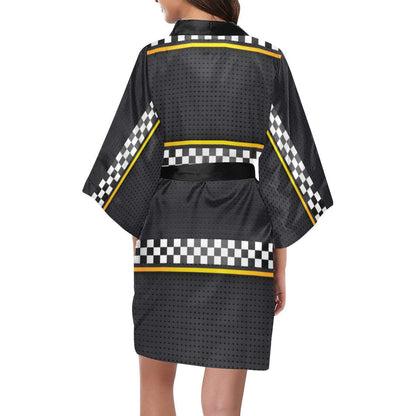 Checkered Flag Yellow Line Style Women Short Kimono Robe