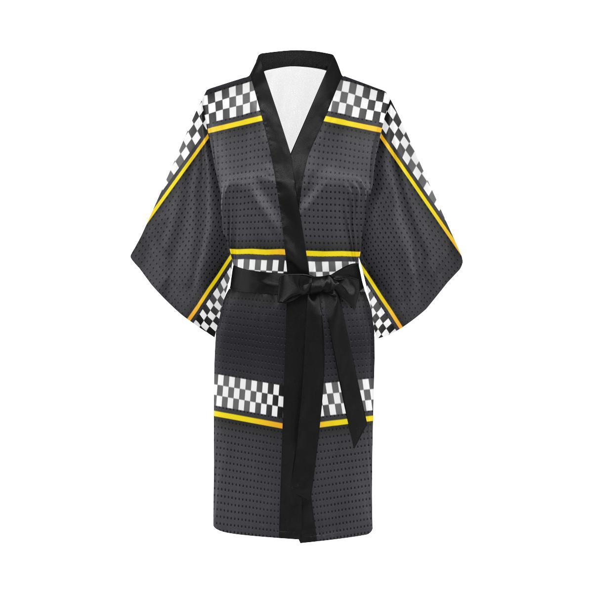 Checkered Flag Yellow Line Style Women Short Kimono Robe