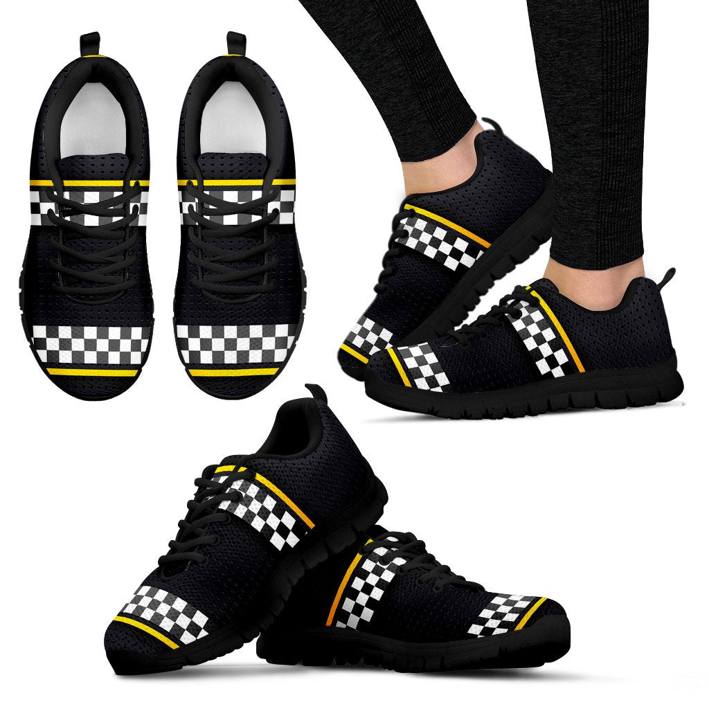 Checkered Flag Yellow Line Style Women Sneakers Shoes