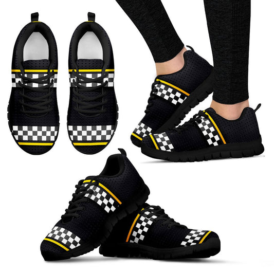 Checkered Flag Yellow Line Style Women Sneakers Shoes