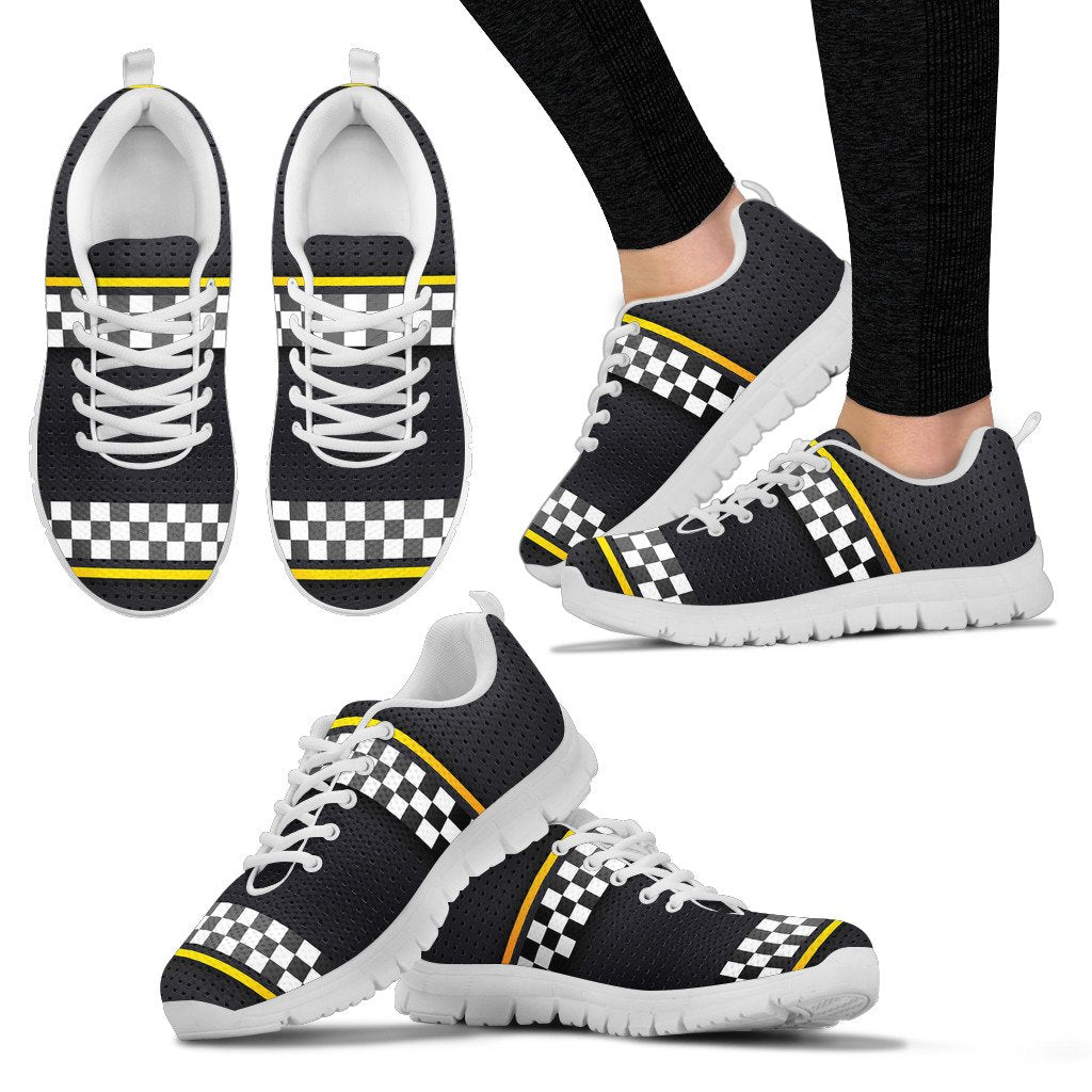 Checkered Flag Yellow Line Style Women Sneakers Shoes