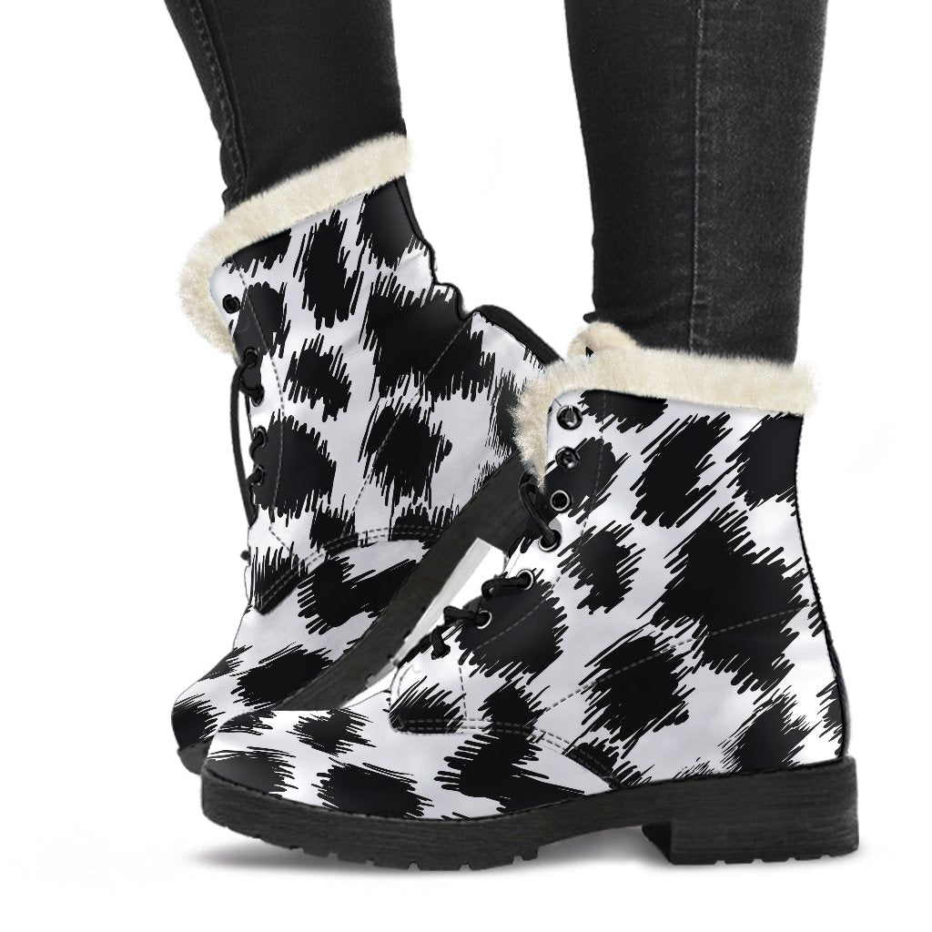 Cheetah Black Print Pattern Faux Fur Leather Boots-JTAMIGO.COM